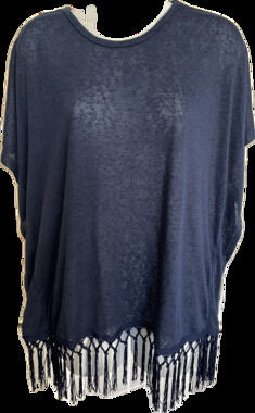 Esperanza royal blue short butterfly sleeve fringe hem medium knit top NWT